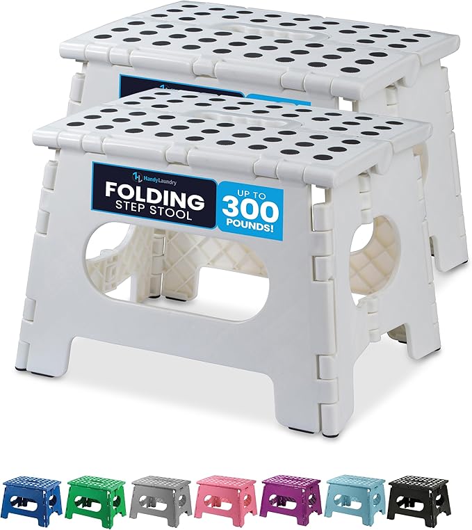 Handy Laundry Folding Lightweight Step Stool - Sturdy Enough to Support Adults and Safe Enough for Kids - Opens Easy with One Flip - Great for Kitchen, Bathroom or Bedroom (White | 2-Pack)