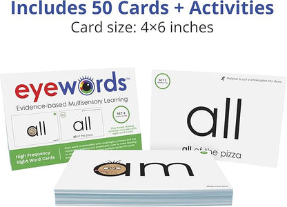 Multisensory Sight Word & Phonics Flash Cards, Set 2 (High-Frequency Words 51-100) - Kinesthetic Learning, Picture-Embedded - Pre-K - Grade 3 - Homeschool & Classroom Use - Model EW-23