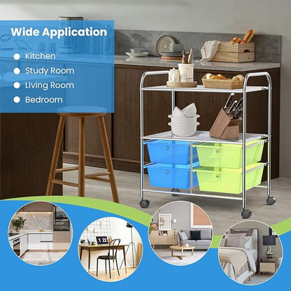 COSTWAY 4-Drawer Storage Cart, Mobile Storage Organizer w/Steel Frame & 360° Wheels, 4-Drawer Utility Cart for Living Room, Kitchen, Bathroom & Office, Green & Blue