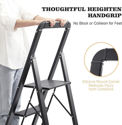 KINGRACK Aluminium 4 Step Ladder, Lightweight Step Stool with Non-Slip Pedals, Handrail, Foldable Step Ladder for Kitchen, Garage, Home, Space Saving, Sturdy and Portable, Black