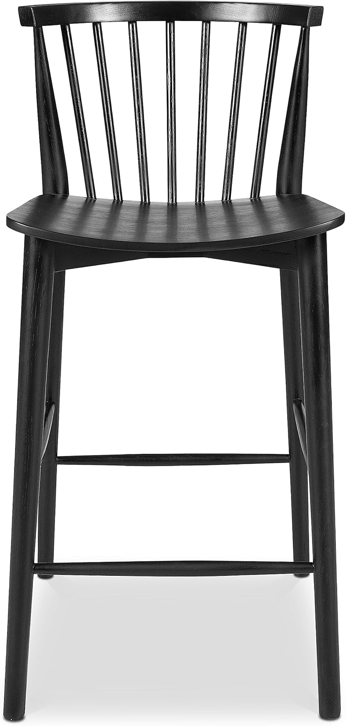 POLY & BARK Ligna Counter Stool Black – Mid-Century Inspired Stool with Sculpted Spindle Back – Solid American Oak Frame and Engineered Wood Veneered Seat – Fully Assembled and Ready to Use