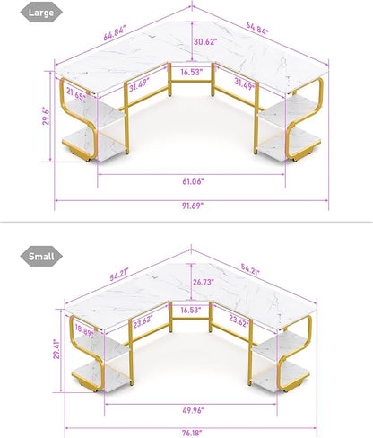 Teraves Modern L Shaped Desk with Shelves,64.84" Computer Desk/Gaming Desk for Home Office,Corner Desk with Large Desktop (White Marbling+ Gold Frame, Large+4 Tier Shelves)