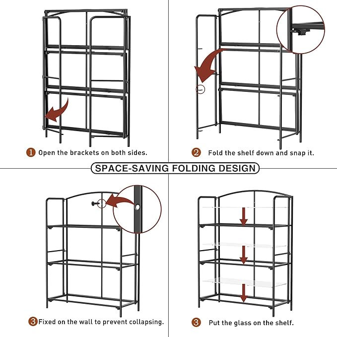 Crofy No Assembly Folding Bookshelf for Living Room, 3 Tier Black Collapsible Book Shelf for Home Office, Portable Bookcase Storage Organizer