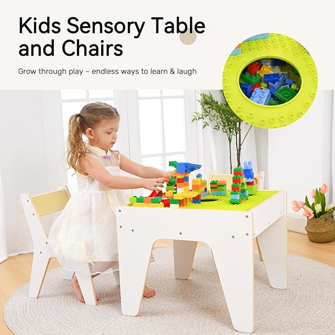 wingyz 4-in-1 Toddler Table and Chairs Set, Kids Play Tables with Storage, Wooden Sensory Tables with Dual-Sided Blocking Baseplate, Baby Activity Table with Chalkboard