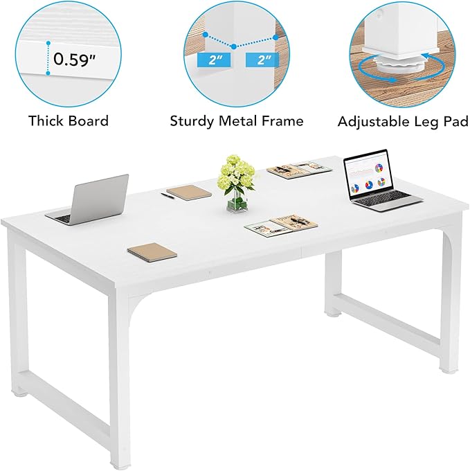 LITTLE TREE 63 Inch Large Executive Computer Office Desk, White