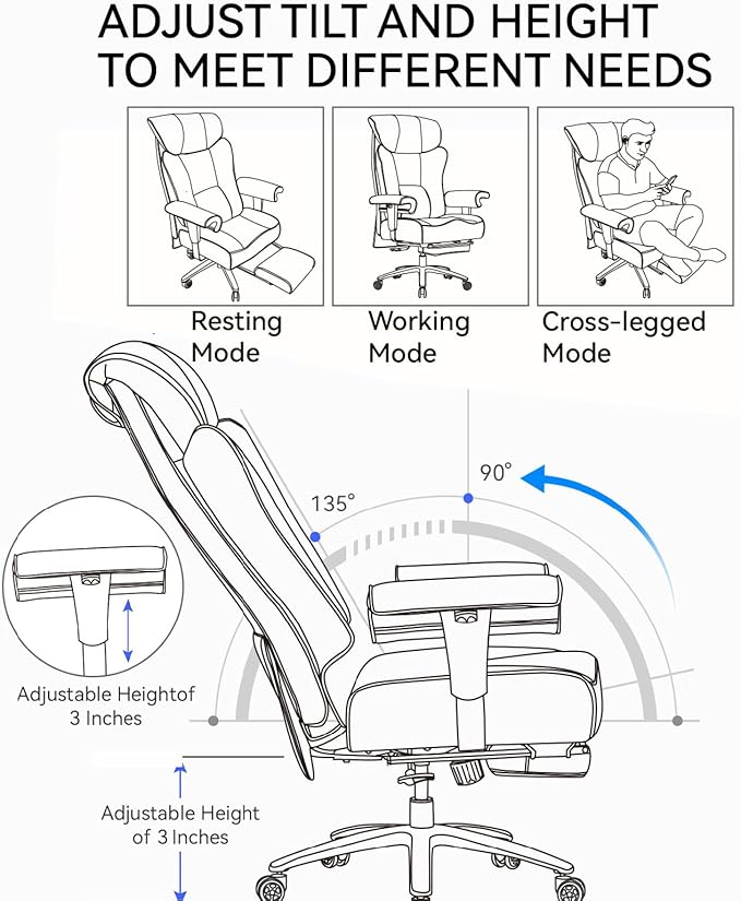 Big and Tall Ergonomic Office Chair 450LBS with Foot Rest, High Back PU Leather Executive Chair with Adjustable Padded Armrests, Lumbar Support for Home or Work, Heavy Duty Computer Chair, Brown