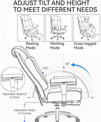 Big and Tall Ergonomic Office Chair 450LBS with Foot Rest, High Back PU Leather Executive Chair with Adjustable Padded Armrests, Lumbar Support for Home or Work, Heavy Duty Computer Chair, Brown