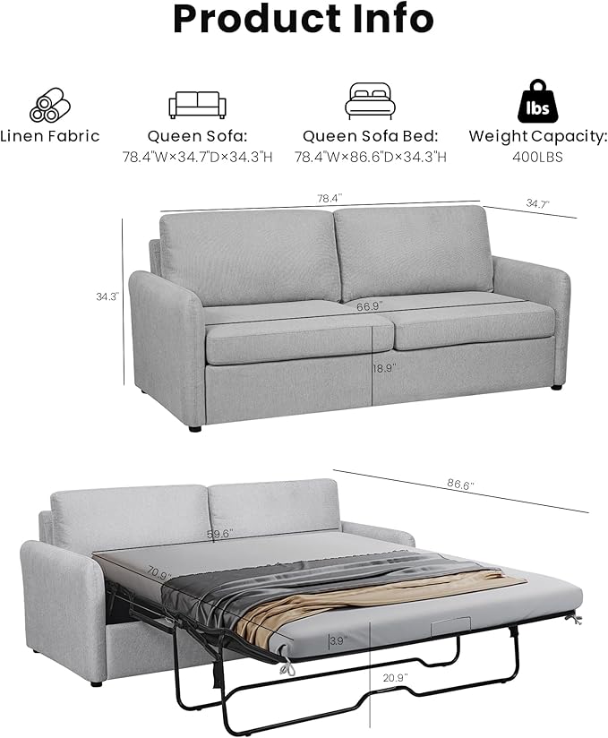 Queen Size Pull Out Sofa Bed, 2 in 1 Convertible Sleeper Sofa Couch with Pullout Bed, Memory Foam Mattress for Living Room Office, Space-Saving, Light Grey