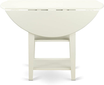 East West Furniture SUDA3-LWH-W 3 Piece Dining Room Table Set Contains a Round Dining Table with Dropleaf & Shelves and 2 Wood Seat Chairs, 42x42 Inch, Linen White