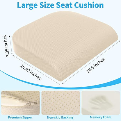 XLarge Seat Cushion, Memory Foam Cushion for Long Sitting Hours on Office Chair, Home & Car, Non-Slip Chair Pad for Relieving Back & Sciatica & Hip & Coccyx Pain (Khaki)