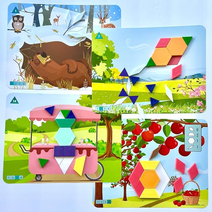 hand2mind Seasons and Weather Pattern Block Puzzle Set, Tangram Puzzle, Geometric Shapes for Kids, Pattern Blocks Cards, Pattern Play, Toddler Battern Blocks, Kindergarten Learning Activities