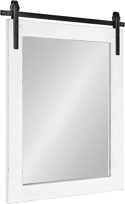 Kate and Laurel Cates Rustic Wall Mirror, 22" x 30", Coastal White, Farmhouse Barn Door-Inspired Wall Decor
