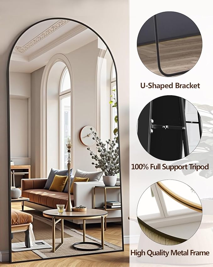 71"x30" Arched Full Length Mirror - Extra Large Floor & Wall Mounted with Stand, Shatterproof Glass, Aluminum Frame for Bedroom, Living Room, Entryway (Black)
