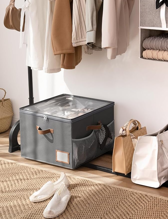 StorageWorks Shoe Organizer for Closet, Fits up to 16 Pairs, Shoe Cubby Storage Containers with Side Mesh Pocket and Clear Cover, Grey