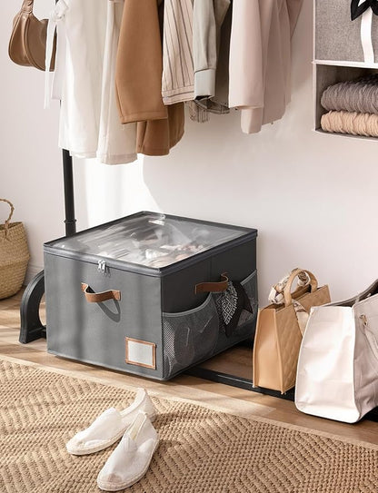 StorageWorks Shoe Organizer for Closet, Fits up to 16 Pairs, Shoe Cubby Storage Containers with Side Mesh Pocket and Clear Cover, Grey