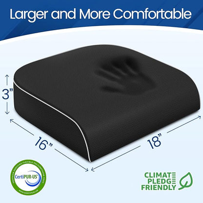 Seat Cushion for Tailbone Pain Relief, Office Chair Cushion, Memory Foam Large Chair Cushion with Non-Slip Cover for Soft Support at Office Chair, Car Seat, Airplane Black/Large