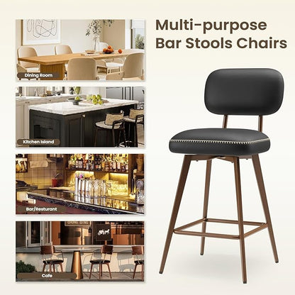 Swivel Bar Stools Set of 6, Mid Century PU Leather Counter Height Bar Chairs with Low Back and Metal Legs, Modern Bar Stool Chair for Kitchen Island, Black