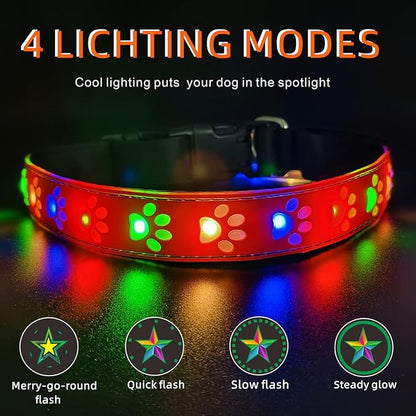 LED Light Up Dog Collar, USB-C Rechargeable, Multicolor Paw Print Design, 15 Modes Lighting Night Safety (Pink Pro, XL(19.7-23.6"))