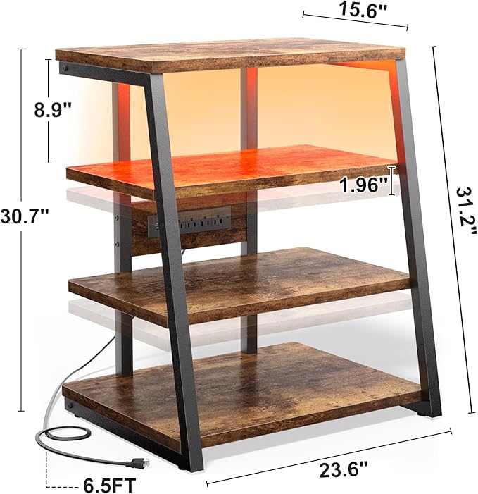 AV Media Stand with Outlets, Media Console with LED Lights, Stereo Racks and Stands with Storage Shelves, Media Audio Tower Cabinet, Rustic Brown