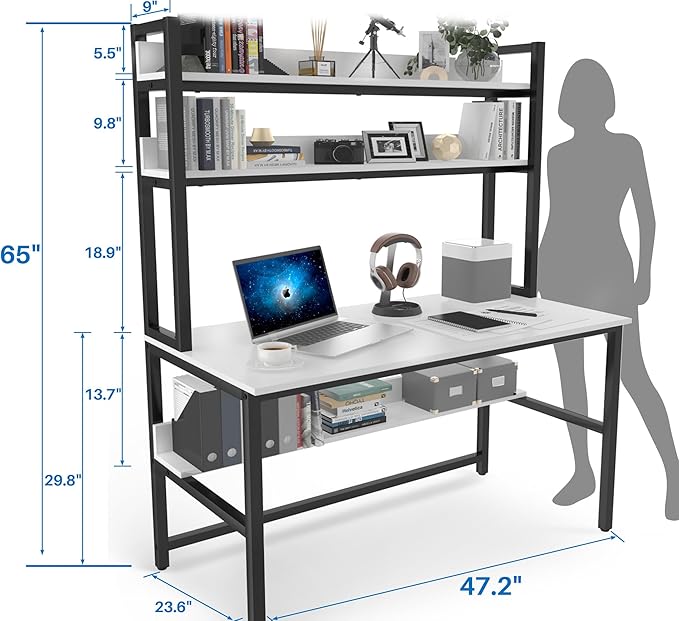 Aquzee Computer Desk with Shelves, 47" W x 23.6" D Gaming Desk with Hutch and Bookshelf, White Study Table for Bedroom Space Saving with 3 Tier Storage Shelf, Home Office Desk for Writing Work