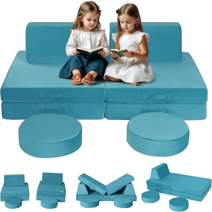 MeMoreCool Modular Kids Play Couch Sofa, 8-Piece Convertible Turquoise Toddler Sofa Play Set for Playroom and Baby