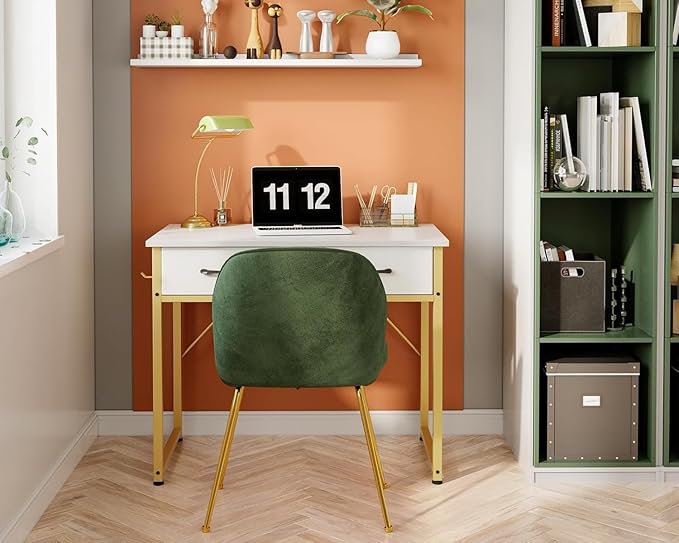 Casaottima 32 Inch Small Dressing Vanity Desk with 2 Drawers & Headphone Hook, Makeup Vanity Desk for Bedroom Without Mirror,Modern Space-Saving Design for Small Spaces White-Gold