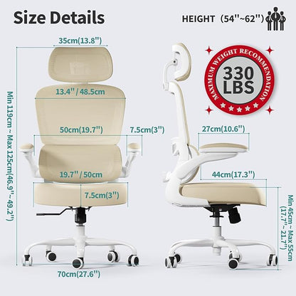 TRALT Office Chair Ergonomic Desk Chair, 330 LBS Home Mesh Office Desk Chairs with Wheels, Comfortable Gaming Chair, High Back Office Chair for Long Hours (Beige)
