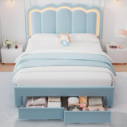 Queen Upholstered LED Bed Frame with 2 Storage Drawers and Adjustable Chic Double Wavy Headboard, Velvet Princess Platform Bed with Charing Station, Solid Wood Slats Support,No Box Spring Needed,Blue