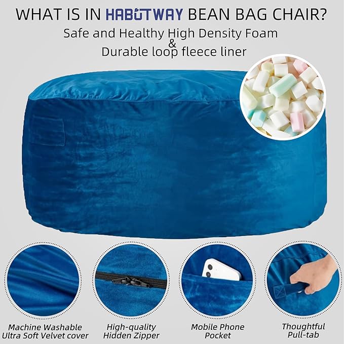 HABUTWAY Bean Bag Chair: Giant 5' Memory Foam Furniture Bean Bag Chair for Adults with Microfiber Cover 5Ft (Blue)