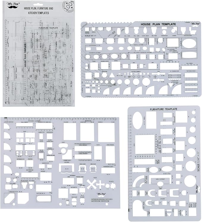 Mr. Pen- House Plan, Interior Design and Furniture Templates, Drafting Tools and Ruler Shapes for Architecture - Set of 3