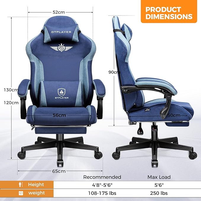 GTPLAYER Gaming Chair Fabric with Footrest, Big and Tall Game Chair High Back Computer Office Chair with Lumbar Support for Adults, Ergonomic Swivel Games Chair with Cushion Gaming Dark Blue