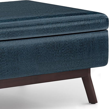 SIMPLIHOME Owen Coffee Table Storage Ottoman - 34 inch Wide Upholstered Vegan Leather Rectangular Lift-Top Ottoman in Distressed Dark Blue, Mid-Century Modern Bench for Living Room with Tapered Legs