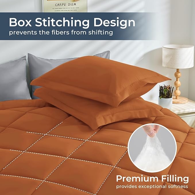 HEVUMYI Cali-King Comforter Set - 7-Piece All Season Bed in a Bag Cali-King, Ultra Soft Bedding Set with Comforter, Flat Sheet, Fitted Sheet, Pillowcases, Pillow Shams, Orange & Light Grey
