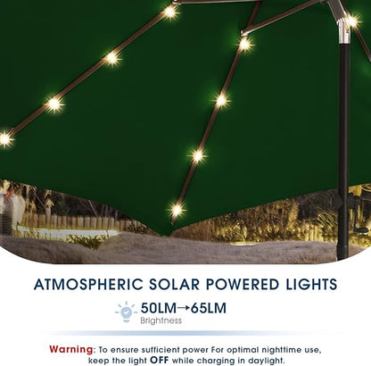 wikiwiki 9FT Solar Led Patio Umbrella with Base Included, 32 LED Lights, 8 Sturdy Ribs, Fade Resistant Waterproof POLYESTER DTY Canopy for Garden, Lawn, Deck, Backyard & Pool, Dark Green