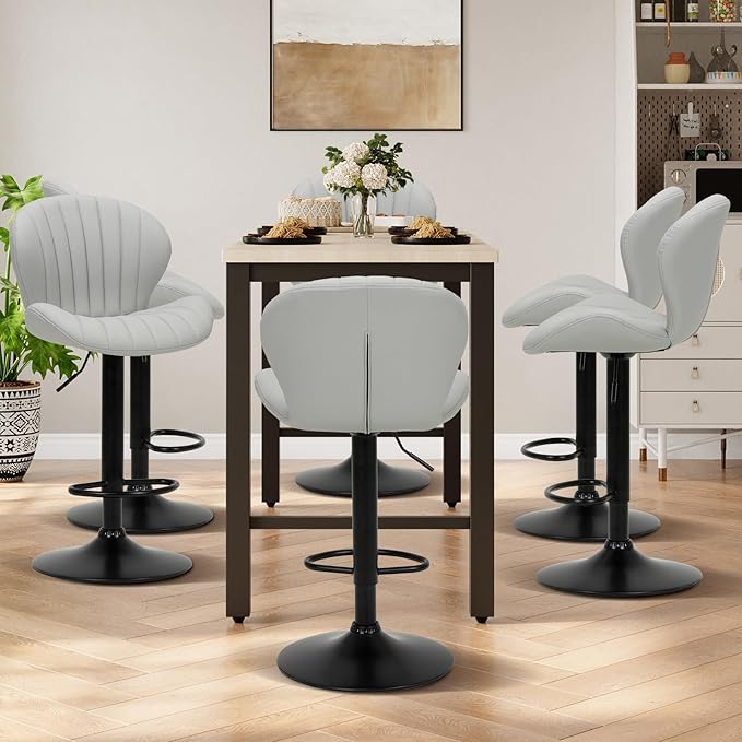 COLAMY Bar Stools Set of 4, Modern Swivel Bar Chairs, Adjustable Faux Leather Upholstered Barstools Counter Height with High Backrest for Bar, Kitchen Island, Dining Room, Grey