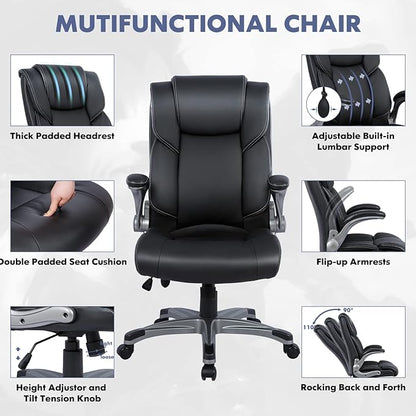COLAMY High Back Executive Office Chair- Ergonomic Home Computer Desk Leather Chair with Padded Flip-up Arms, Adjustable Tilt Lock, Swivel Rolling Chair for Adult Working Study-Black