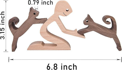Cat Figurines Home Decor Nature Wood Carved a Man Two Cats Sculpture