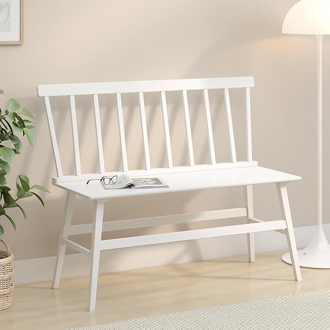 Bamboo Dining Bench, Wooden White Entryway Bench with Spindle Back Farmhouse Wood Windsor for Foyer Balcony Living Room Comfortable Winsor Chair Benches for Home