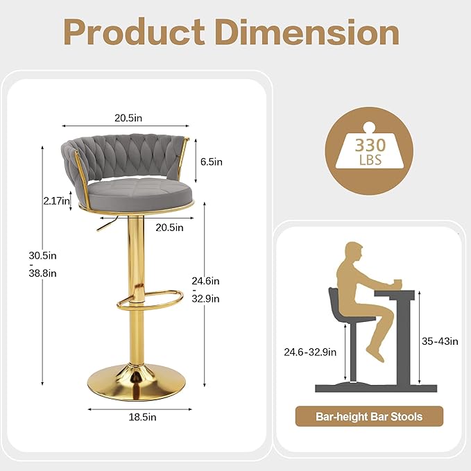 VECELO Bar Stools Set of 4, Adjustable Barstools Counter Height Stools with Back and Arm, Velvet Woven Kitchen Island Stools w/Gold Metal Leg & Base, 360° Swivel Bar Chair, Light Grey