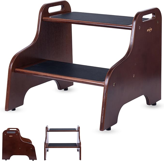 2-Step Wooden Step Stool for Adults & Kids – Non-Slip Bed, Bathroom, Kitchen, and Closet Use – Heavy-Duty Portable Step with Handles – 400 lb Capacity