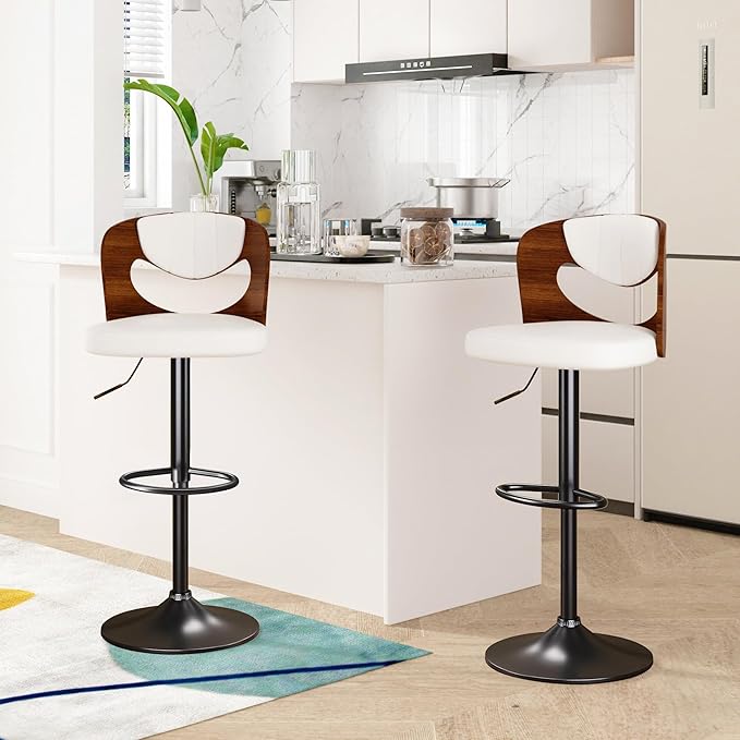 VECELO Bar Stools Set of 2,Kitchen Island Stools with Bentwood Back,Arm&Footrest,Counter Height Stools PU Leather Adjustable Height,Swivel Bar Chairs for Club Pub Dining Room, Ivory White
