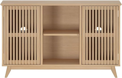 Plank+Beam Mid-Century Modern Wood TV Stand, Solid Wood Entertainment Console with Storage, 49" L x 16" W x 30" H, Blonde