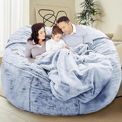 Bean Bag Chairs for Kids Comfy Fluffy Big Joe Bean Bag Chair Cover Without Filler Round Sofa Chairs for Bedroom Living Room Decor, 5FT, Silver Blue