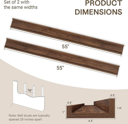Fun Memories Picture Ledge Shelves Set of 2-55 Inch Shelves with Lip - Large Nursery Bookshelf for Storage - Floating Shelf Wall Mounted for Living Room - Bedroom -Kitchen - Walnut Color