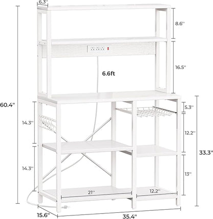 SUPERJARE Bakers Rack with Power Outlet, 35.4 Inches Coffee Bar with Wire Basket, Kitchen Microwave Stand with 6 S-Shaped Hooks, Open Storage Shelves, White