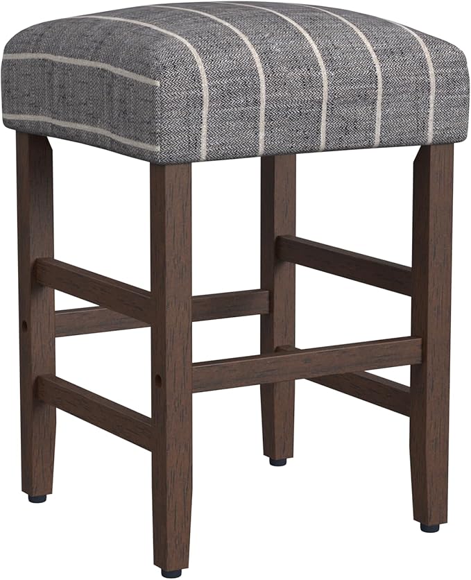 HomePop Home Decor Classic Open-Back Counter Height Barstool Square 24 Inch Bar Stools with Domed Cushion, Midnight Gray Woven Stripe