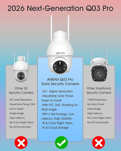 ANRAN 2K Solar Security Camera Wireless Outdoor, 360° Pan/Tilt Color Night Vision, PIR Human Detection, 2-Way Audio, Weatherproof, Compatible with Alexa, 2.4GHz WiFi Only