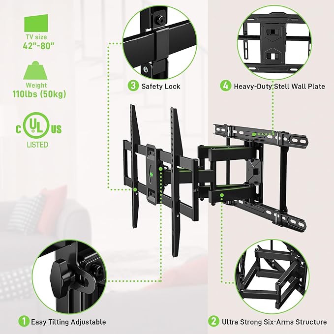 USX MOUNT UL Listed TV Wall Mount for 42"-85" TVS, Fits 16" 18" or 24" Studs, Full Motion Wall Mount Swivel Tilt Extension TV Bracket with Dual Articulating Arms, Max VESA 600x400mm, Load 110lbs