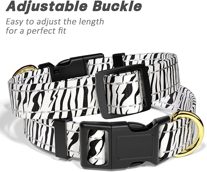 Reflective Dog Collar for Large Dogs, Cute Boho Adjustable Heavy-Duty Nylon Puppy Collar for Boy and Girl Female, Soft Pet Accessories with Quick Release Buckle, Stylish Zebra Print