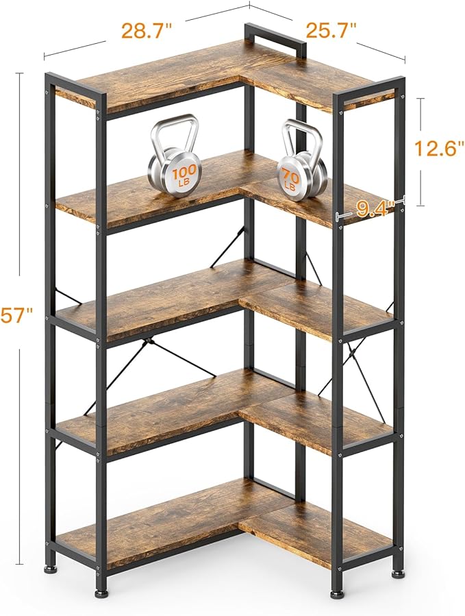 Casaottima Corner Bookshelf 5 Tier, 57 Inches Reversible Book Shelf for Living Room, Industrial Wooden Bookcase with Open Shelves and Metal Frame for Bedroom, Home Office, Kitchen, Rustic Brown